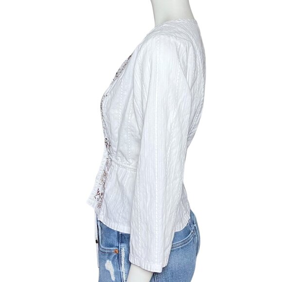 Y2K 100% Cotton White Boho Embroidered Tie Waist Peasant Top Cottagecore XS/S - Picture 3 of 9